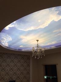 Натяжной двухуровневый потолок с фотопечатью и диодной подсветкой, гостиная, ст. Медведовская